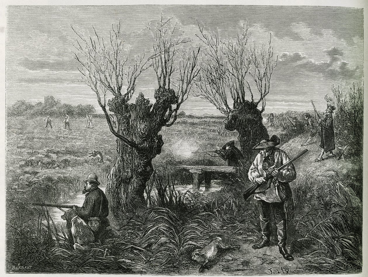 Hasenjagd. Gravur von F. Lix, zur Illustration der Geschichte "Durch Elsass und Lothringen" von 1884, von Charles Grad von Frederic Theodore Lix