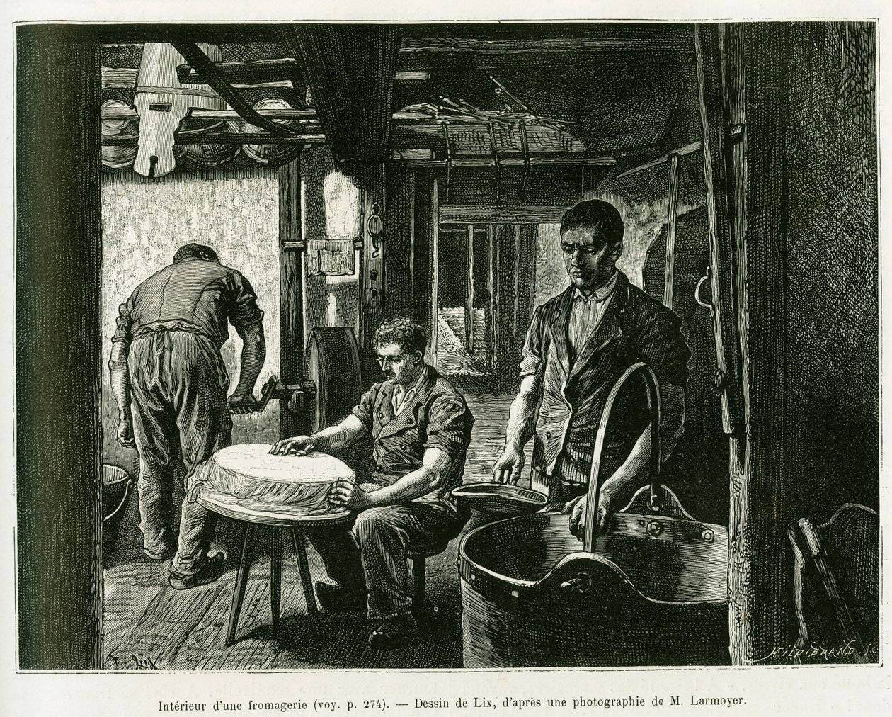 In einer Käserei. Gravur von Lix zur Illustration der Geschichte „Durch Elsass und Lothringen“ von Charles Grad, veröffentlicht in Le Tour du monde 1887 von Frederic Theodore Lix