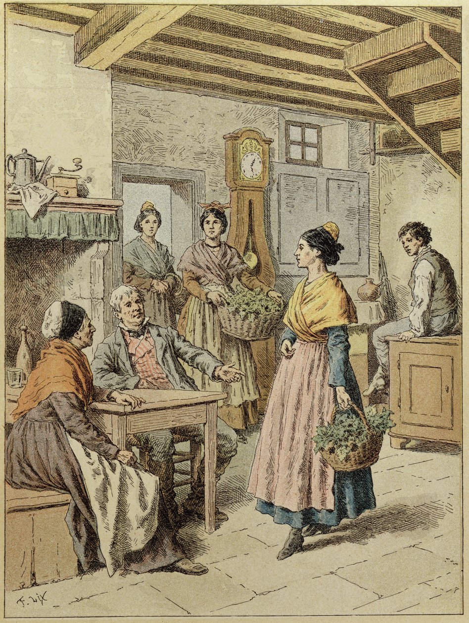 Innenraum eines Bauernhauses in der Provence, 1901 (Farbstich) von Frederic Theodore Lix