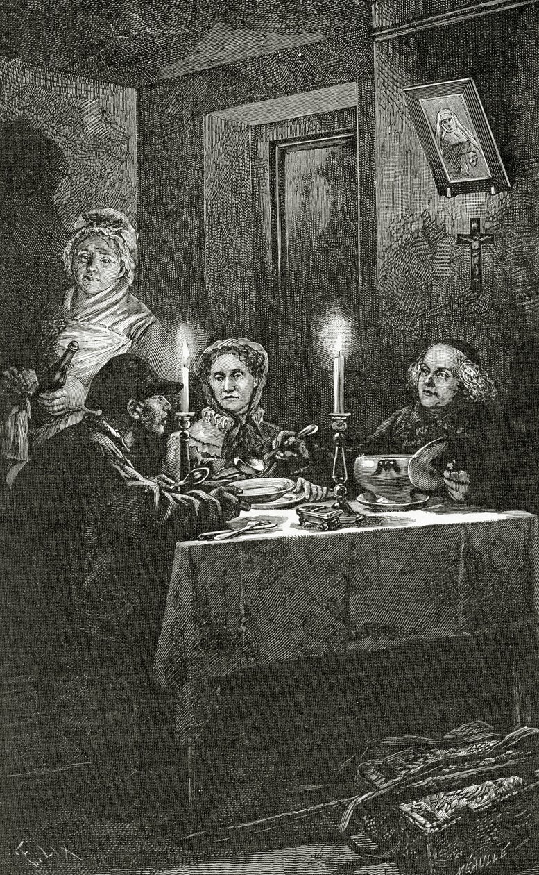 Jean Valjean wird von Bischof Myriel empfangen und versorgt, 19. Jahrhundert von Frederic Theodore Lix