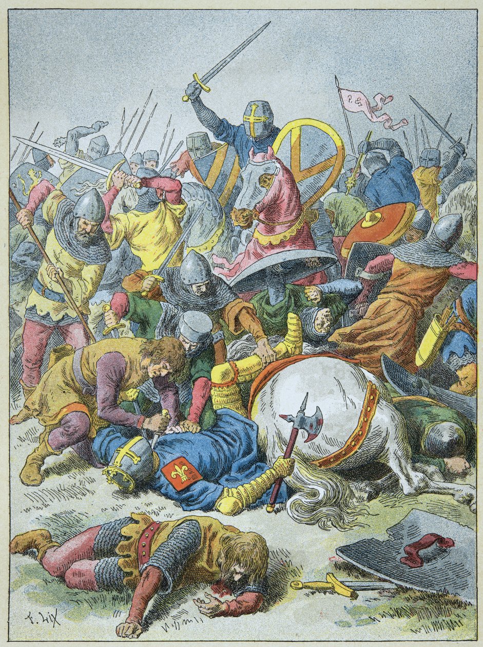 König Philipp August in der Schlacht von Bouvines 1214 (Stich) von Frederic Theodore Lix