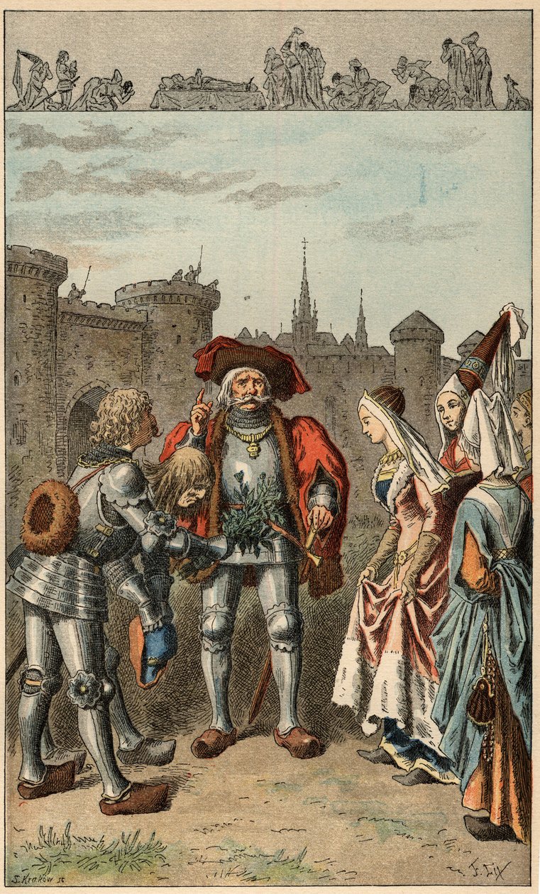 Volkslied: „Es war Anne von Bretagne“. Königin von Frankreich Anne de Bretagne (1477-1514), bei ihrer Ankunft in Rennes, erhält einen Strauß Eisenkraut. Illustration von Frederic Theodore Lix (1830-1897) in „Chansons et rounds enfantines des provinces de l von Frederic Theodore Lix