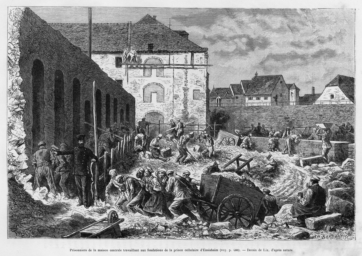 Gefangene des Zentralhauses arbeiten an den Fundamenten des Gefängnisses von Ensisheim. Gravur von Lix zur Illustration der Geschichte A travers l