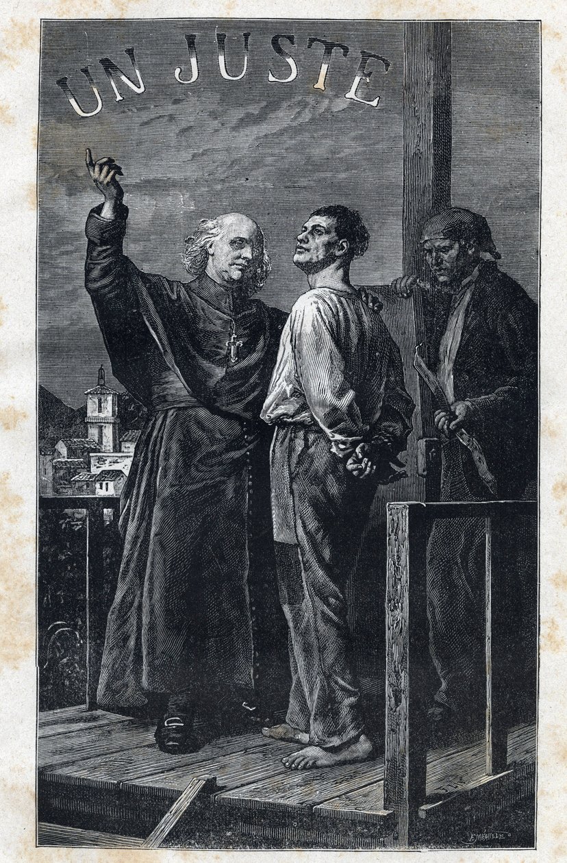 Der Bischof Myriel begleitet einen zum Tode Verurteilten, der auf das Schafott steigt - Illustration von Frederic Theodore Lix (1830-1897) für „Die Elenden - Erster Teil: Fantine“ von Victor Hugo (1802-1885) 1862 von Frederic Theodore Lix