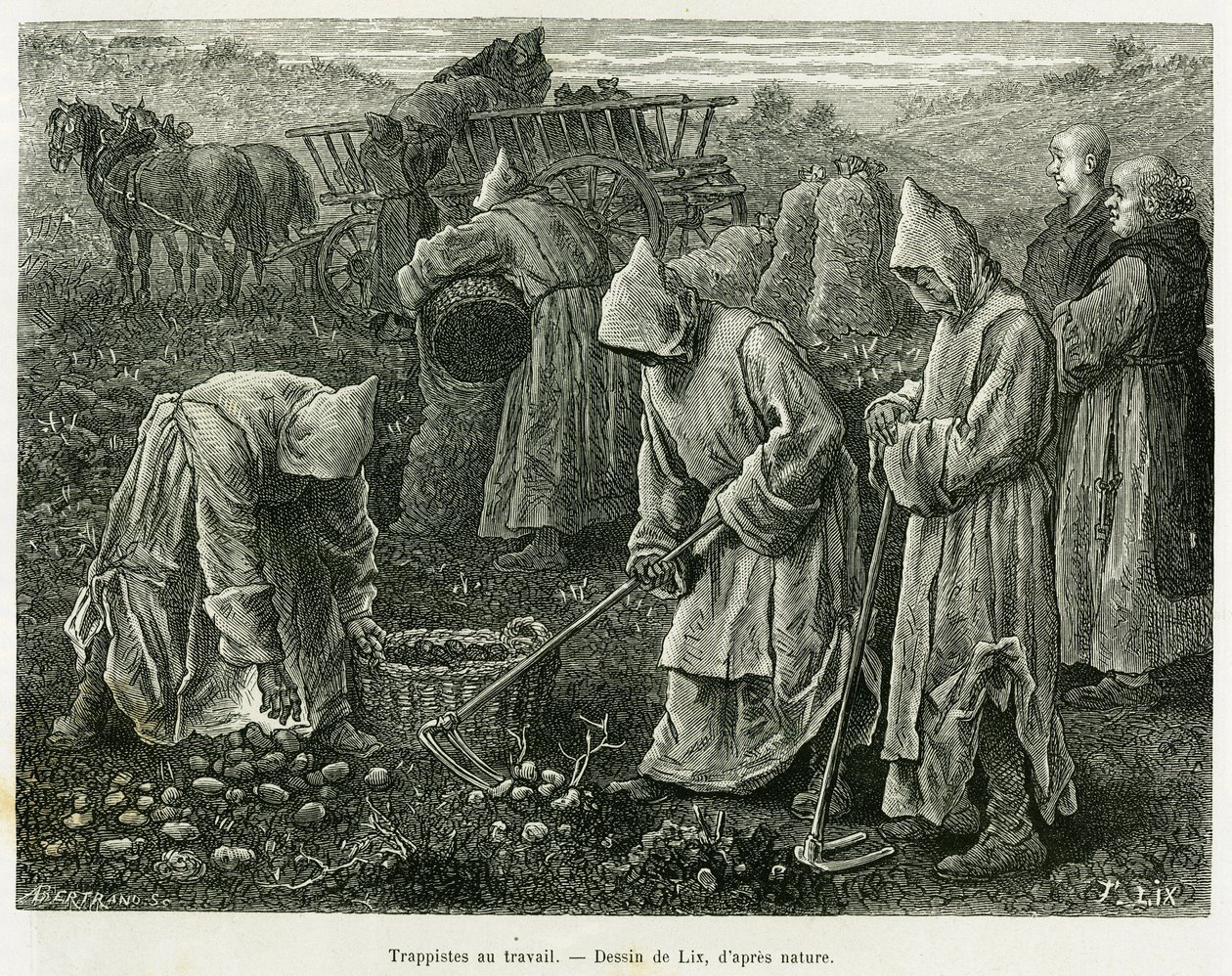 Trappisten bei der Arbeit. Gravur von Lix zur Illustration der Geschichte A Travers l
