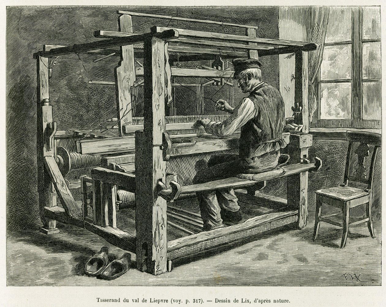 Weber im Liepvre-Tal. Gravur von Lix zur Illustration der Geschichte „Durch Elsass und Lothringen“ 1887, von Charles Grad, deutscher Abgeordneter, in Le Tour du monde 1888, herausgegeben von Edouard Charton (1807-1890), Hachette, Paris. von Frederic Theodore Lix