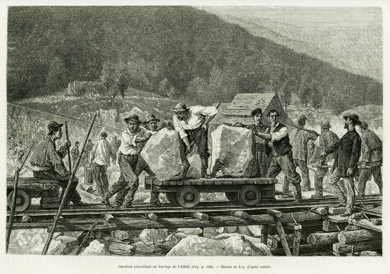 Arbeiter arbeiten am Alfeld-Damm. Gravur von Lix zur Illustration der Geschichte A travers l