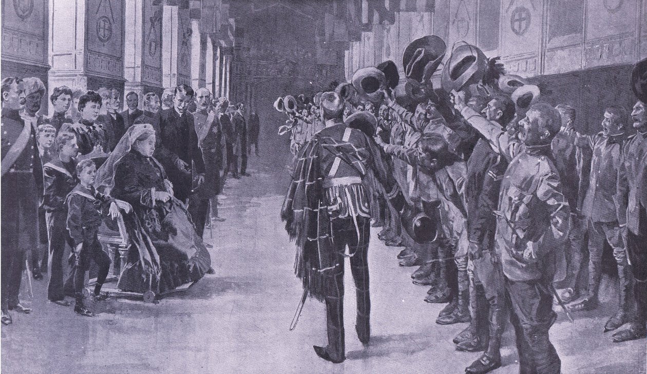 Königin Victoria inspiziert invalide Kolonialsoldaten in der St. Georges Hall, Windsor, Illustration aus After Pretoria: The Guerilla War, 1902 von Frederic de Haenen