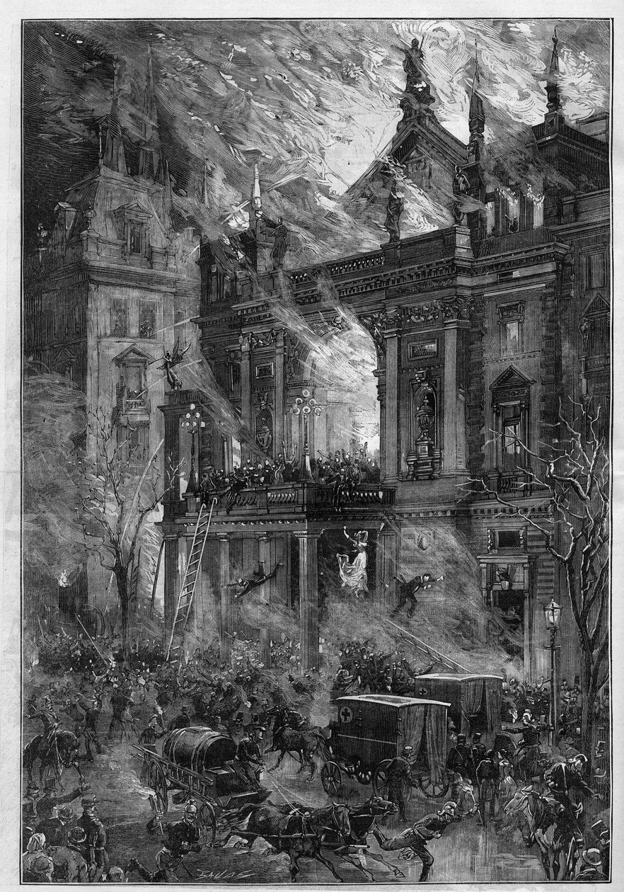 Das Feuer der Wiener Ringtheater-Oper in Wien (Österreich) am 5. Dezember 1881. Gravur von De Haenen in 