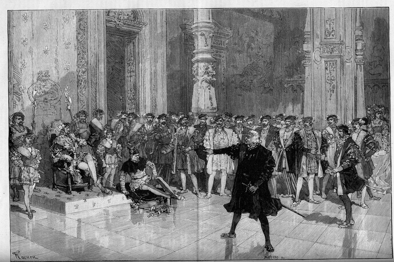 Theateraufführung: „Der König amüsiert sich“ von Victor Hugo (1808-1883). Akt I Szene 5: ein Raum im Louvre, der Fluch. M. de Saint Vallier vor König Franz I. (Mounet Sully) und dem Narren Triboulet (Edmond) von Frederic de Haenen