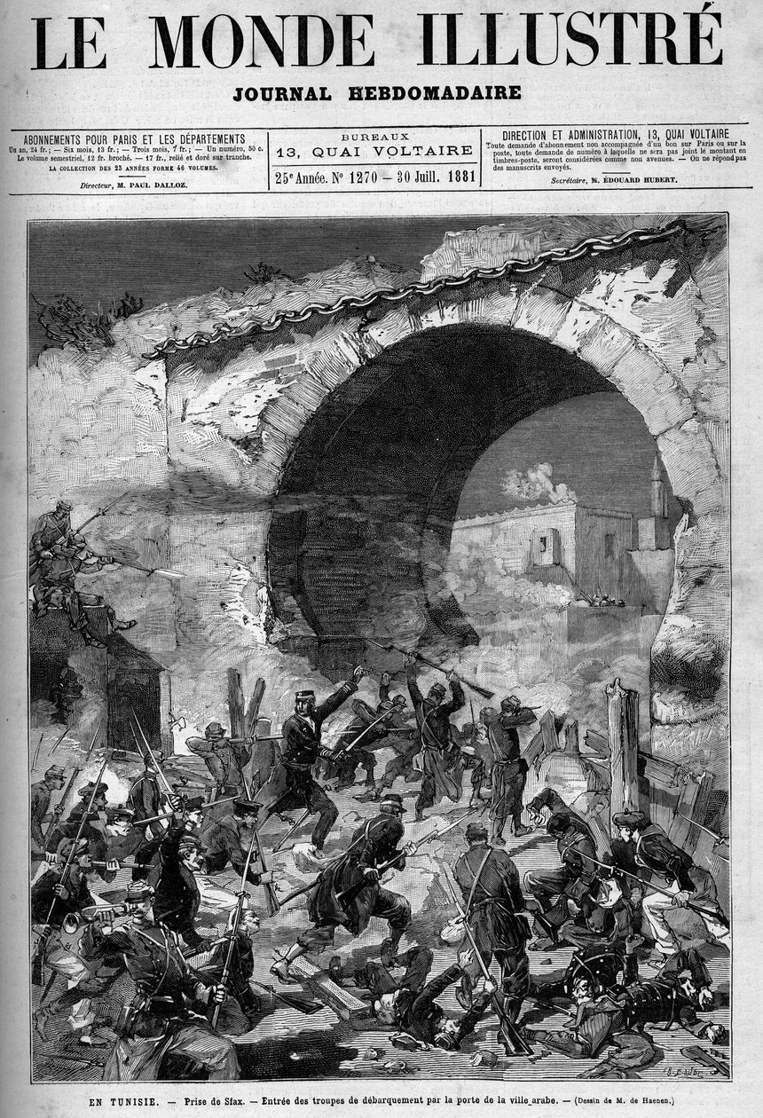 Tunesien, Juli 1881: Französische Truppen eroberten die Stadt Stax nach dem Aufstand der Einwohner gegen das französische Protektorat von Tunesien. Gravur von De Haenen. Eine von „Die illustrierte Welt“ Nr. 1270 vom 30. Juli von Frederic de Haenen