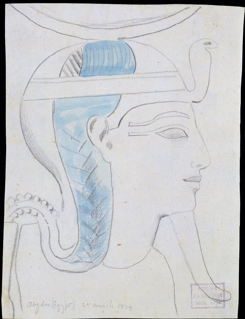 Studie eines Reliefs des Kopfes des Gottes Khonsu im Tempel von Seti I, Abydos, 1874 (Bleistift und Aquarell auf Papier) von Frederick Arthur Bridgman