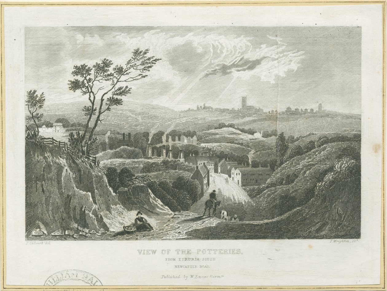 Burslem - Blick auf die Töpfereien (Gravur) von Frederick Calvert