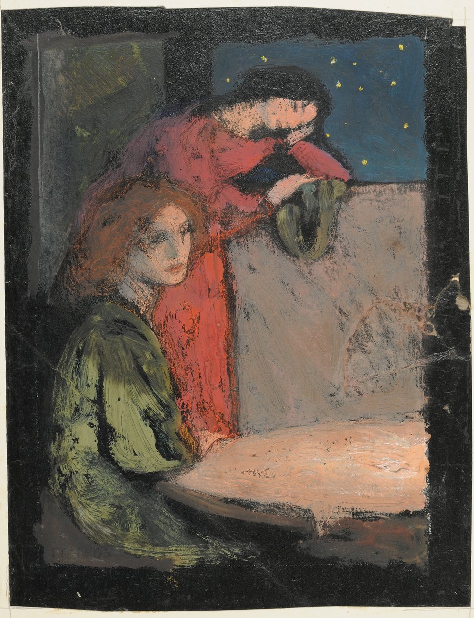 Zwei Mädchen an einem Tisch blicken in eine sternenklare Nacht von Frederick Cayley Robinson