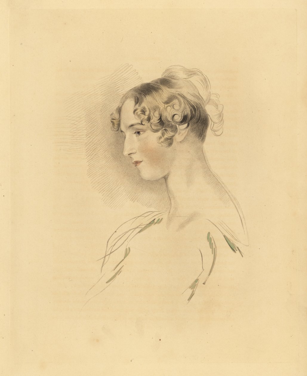 Porträt von Mary Isabella Bloxam als junge Frau, Nichte von Sir Thomas Lawrence. Mit hochgestecktem und gelocktem Haar, in einem schulterfreien Kleid. Gravur von Frederick Christian Lewis nach einer Illustration von Sir Thomas Lawrence aus P.G. Patmore