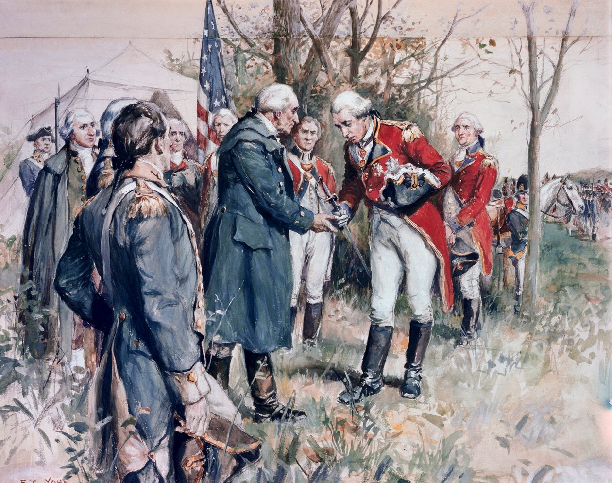 Amerikanischer Unabhängigkeitskrieg (1775-1783): Die Kapitulation des britischen Generals John Burgoyne (1722-1792) in Saratoga, 1777 - Illustration von F.C. Yohn von Frederick Coffay Yohn