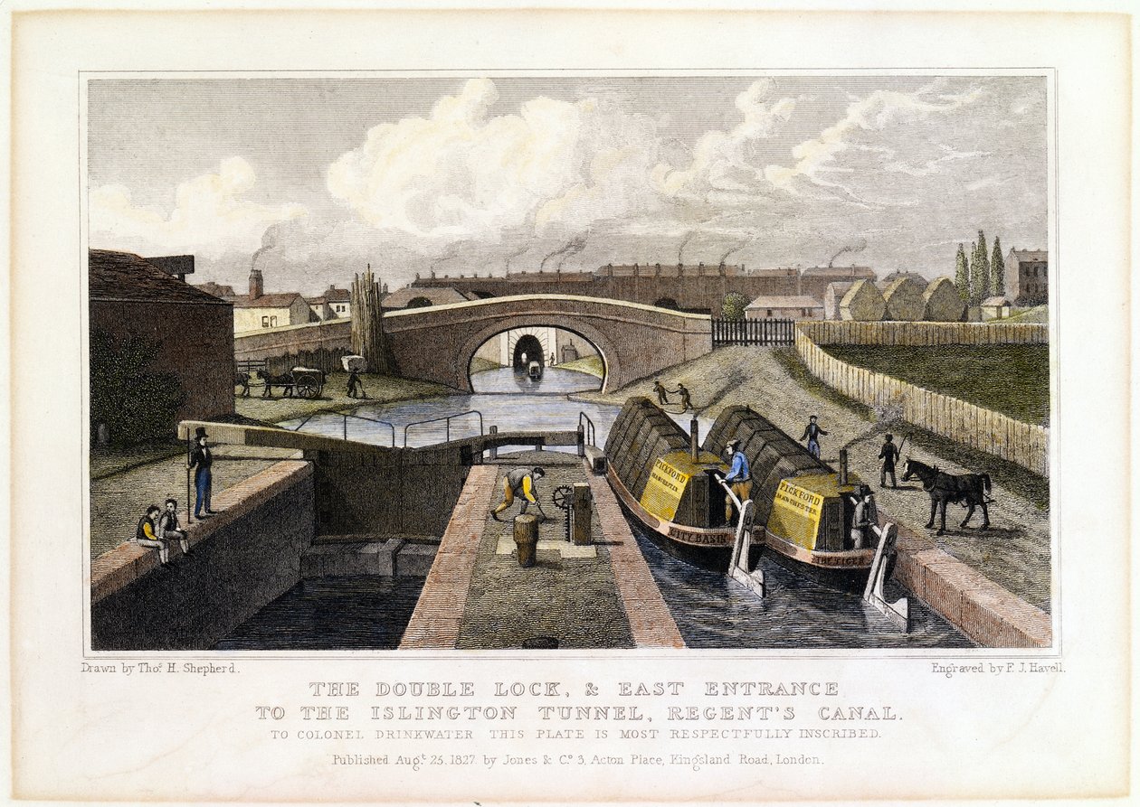Die Doppelschleuse und der Osteingang zum Islington-Tunnel, Regents Canal, 1827 von Frederick James Havell