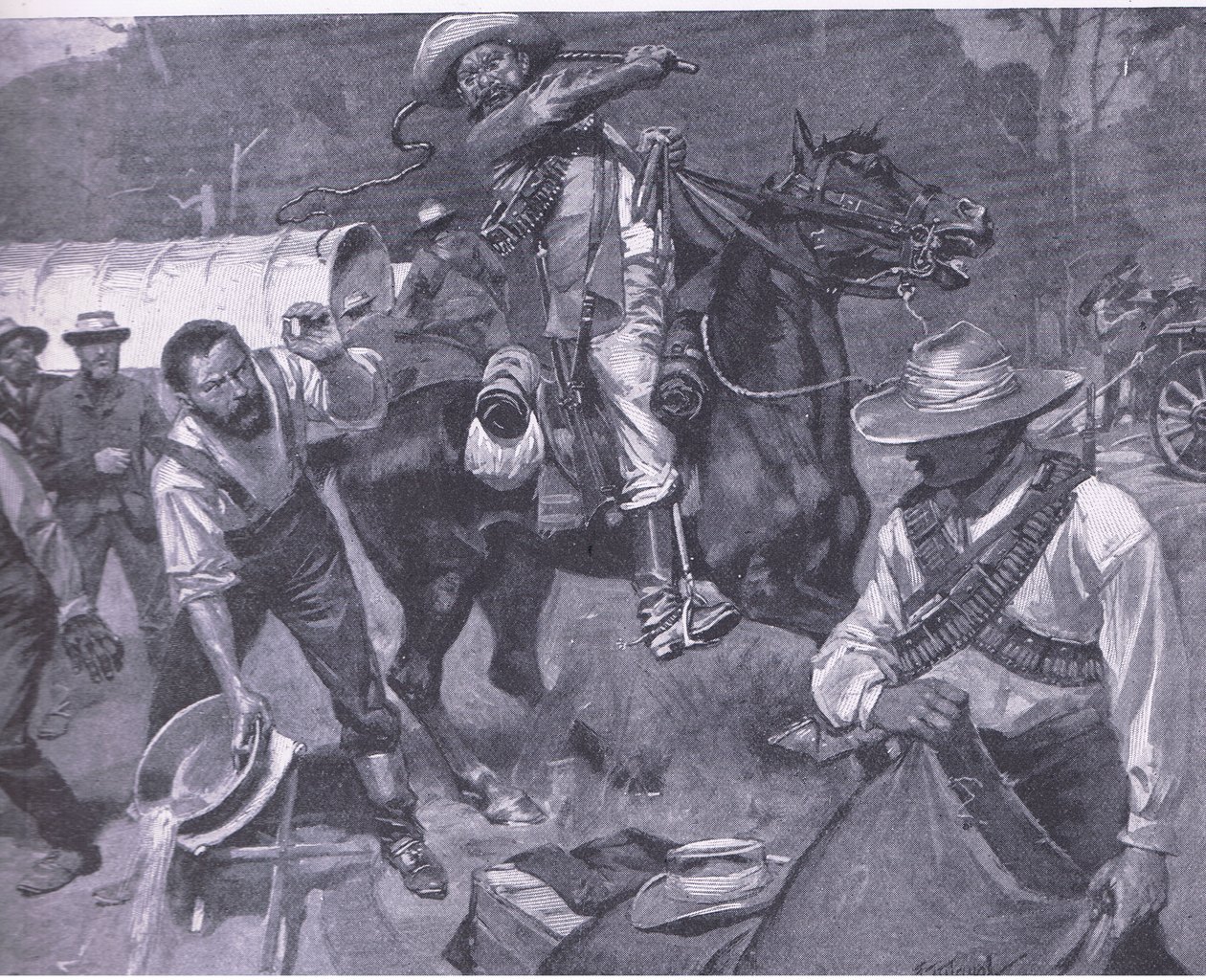 Burenbehandlung von Friedensgesandten: Die Auspeitschung von Margendaal, aus After Pretoria: Der Guerillakrieg veröffentlicht von Harmsworth Bros Limited, 1901 von Frederick Judd Waugh
