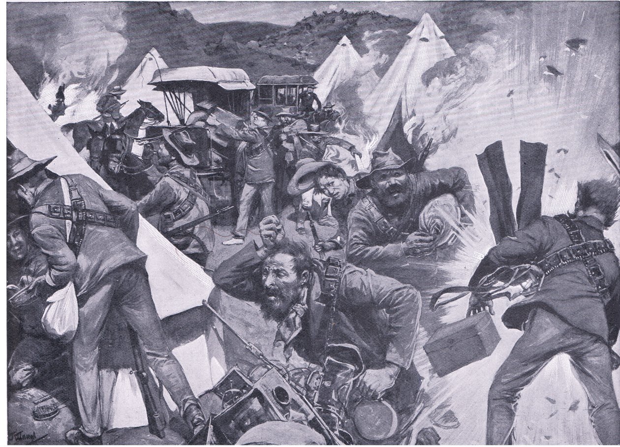 Buren plündern das britische Lager in Nooitgedacht unter Artilleriefeuer, aus After Pretoria: Der Guerillakrieg veröffentlicht von Harmsworth Bros Limited, 1901 von Frederick Judd Waugh