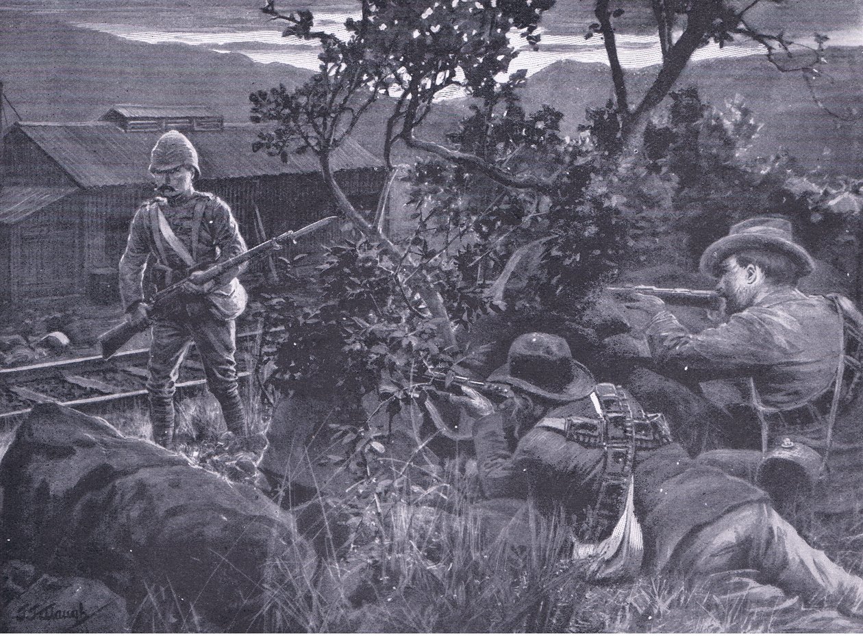 Entarteter Krieg: Buren schießen auf einen Wachposten, aus After Pretoria: Der Guerillakrieg veröffentlicht von Harmsworth Bros Limited, 1901 von Frederick Judd Waugh