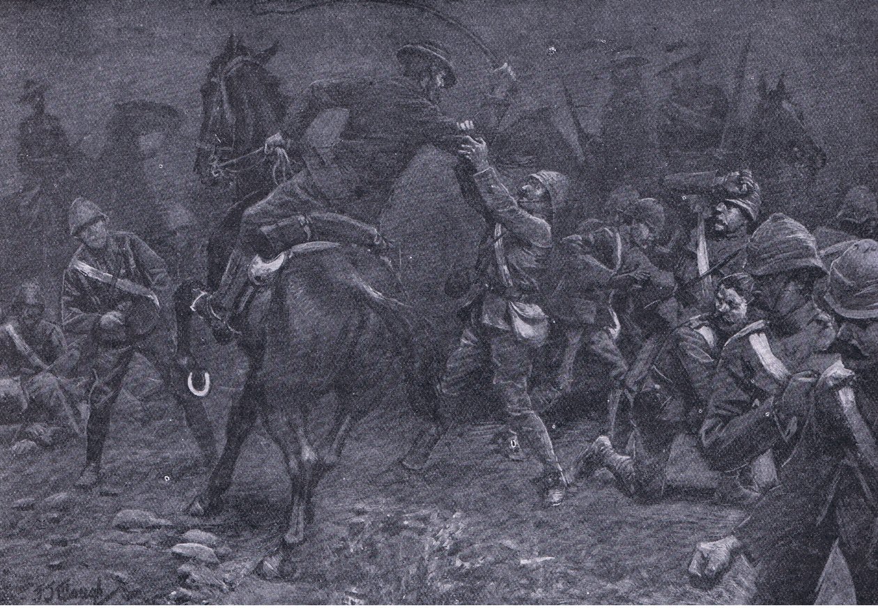 Major Boole-Smith stellt sich De Wet, aus After Pretoria: Der Guerillakrieg veröffentlicht von Harmsworth Bros Limited, 1901 von Frederick Judd Waugh