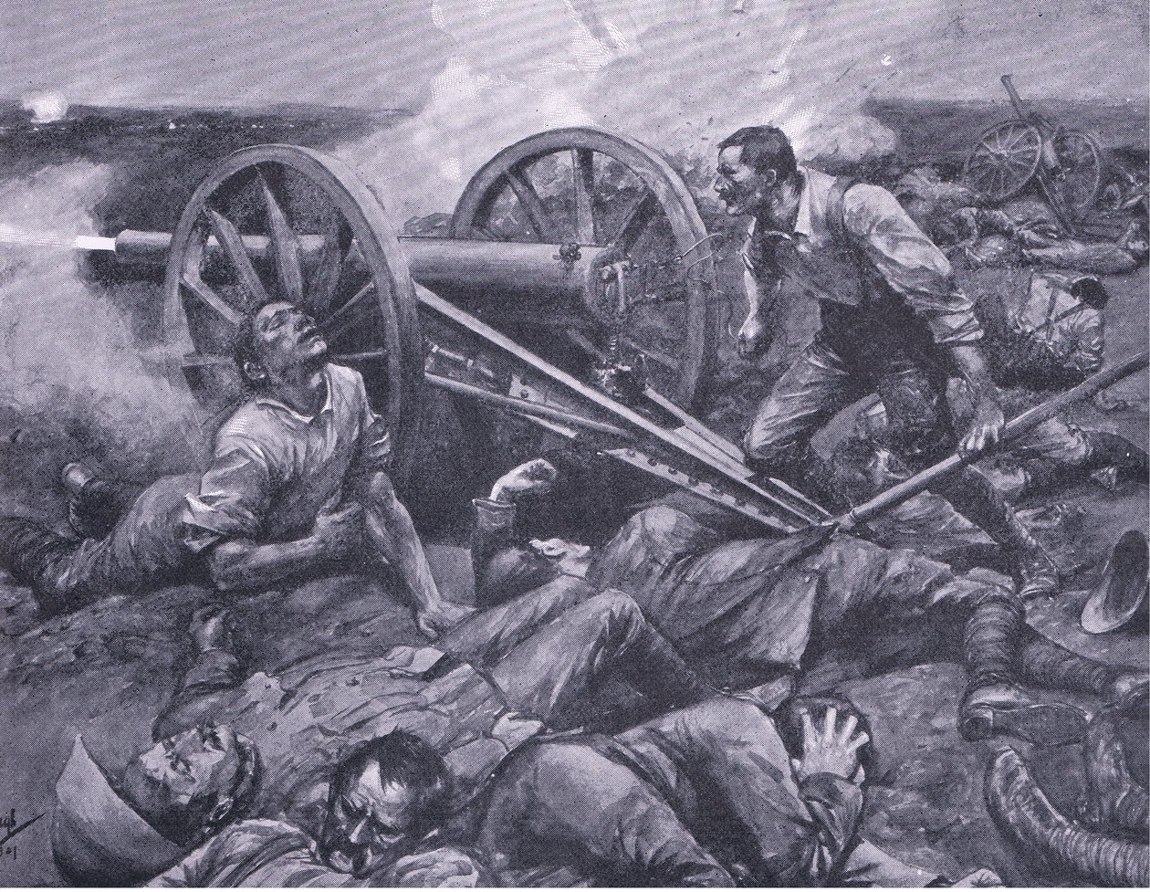 Die Verteidigung von Dewetsdorp: Bedienung einer 15-Pfünder-Kanone im Alleingang, Illustration aus After Pretoria: The Guerilla War, 1902 von Frederick Judd Waugh