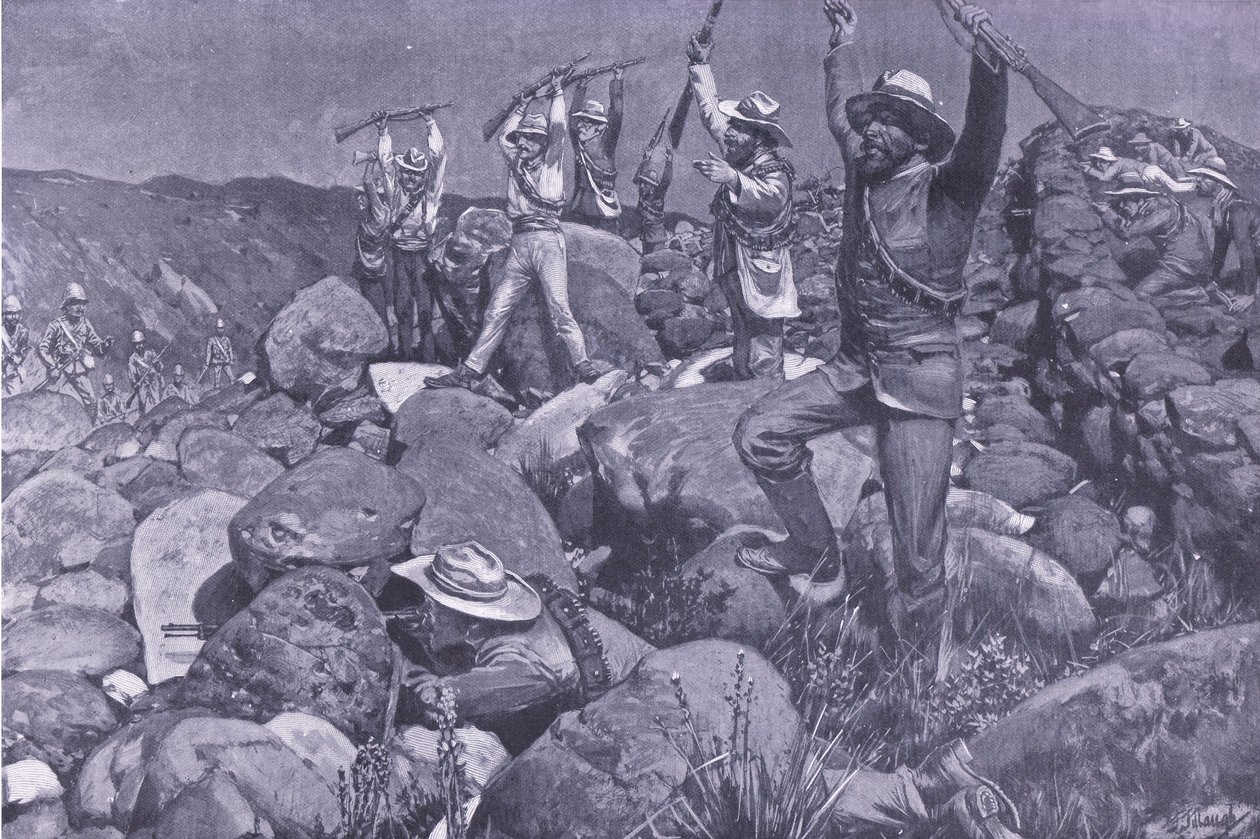 Die vorgetäuschte Kapitulation, die die Liverpools in eine verzweifelte Lage brachte, Illustration aus After Pretoria: Der Guerillakrieg, 1902 von Frederick Judd Waugh