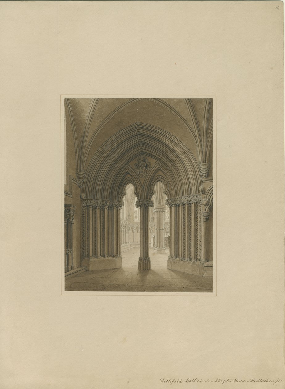 Innenraum der Kathedrale von Lichfield - Tür des Kapitelsaals: Sepiazeichnung von Frederick Mackenzie