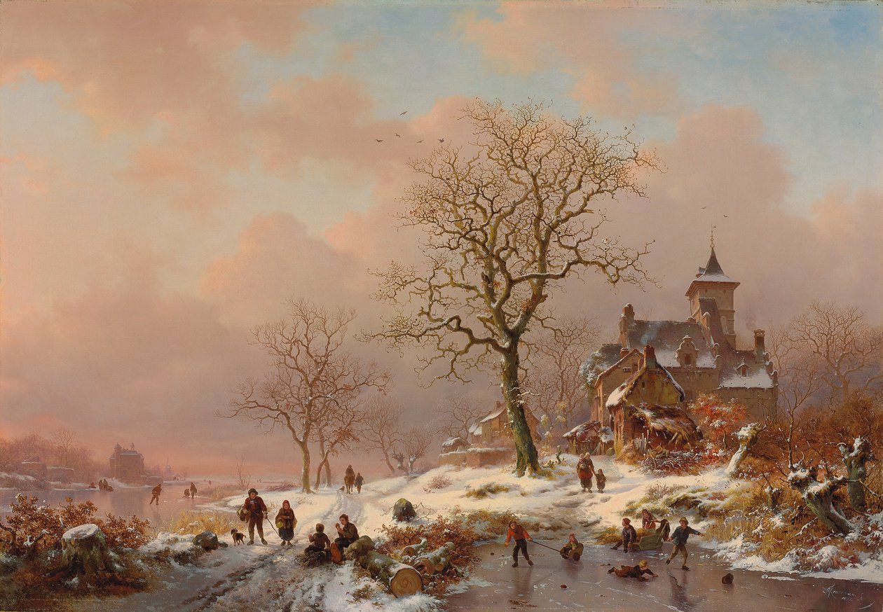 Winterlandschaft mit Figuren, die auf dem Eis spielen, 1868 von Frederick Marianus Kruseman