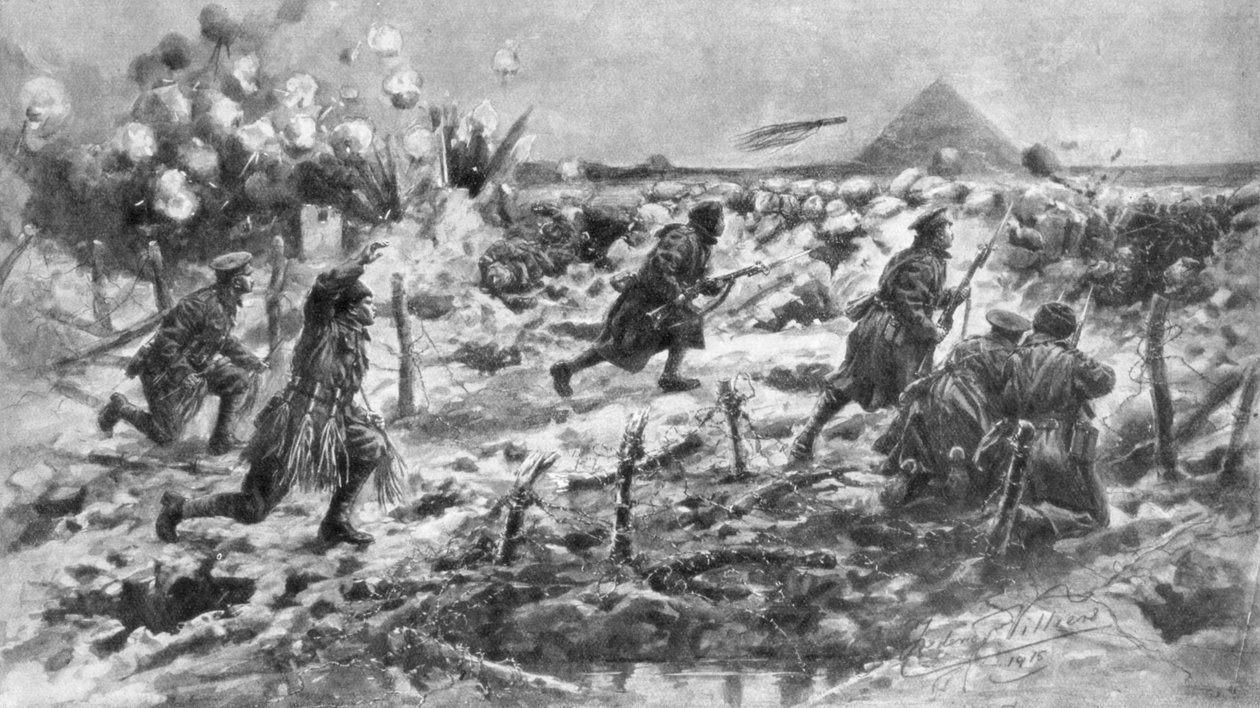 Ein britischer Angriff mit Bajonett und Granate, Neuve-Chapelle, Frankreich, 10. März 1915, 1926 von Frederick Villiers