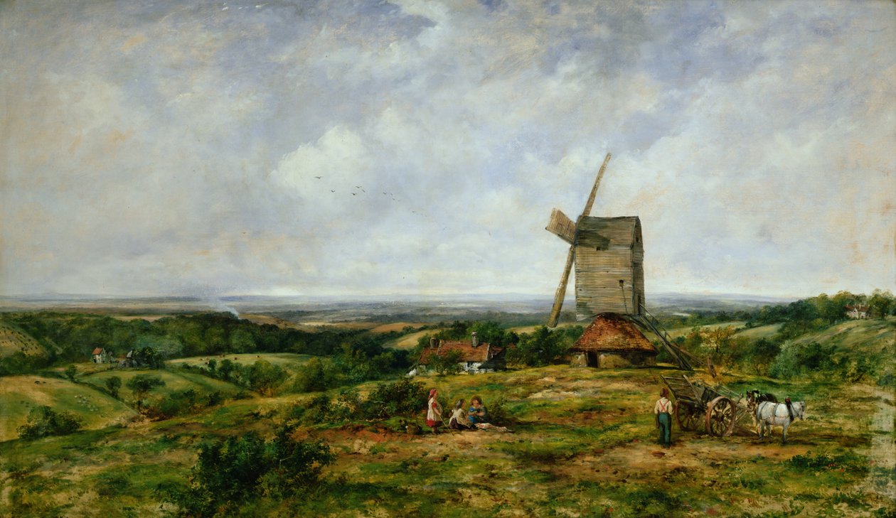 Landschaft mit Figuren bei einer Windmühle von Frederick Waters Watts
