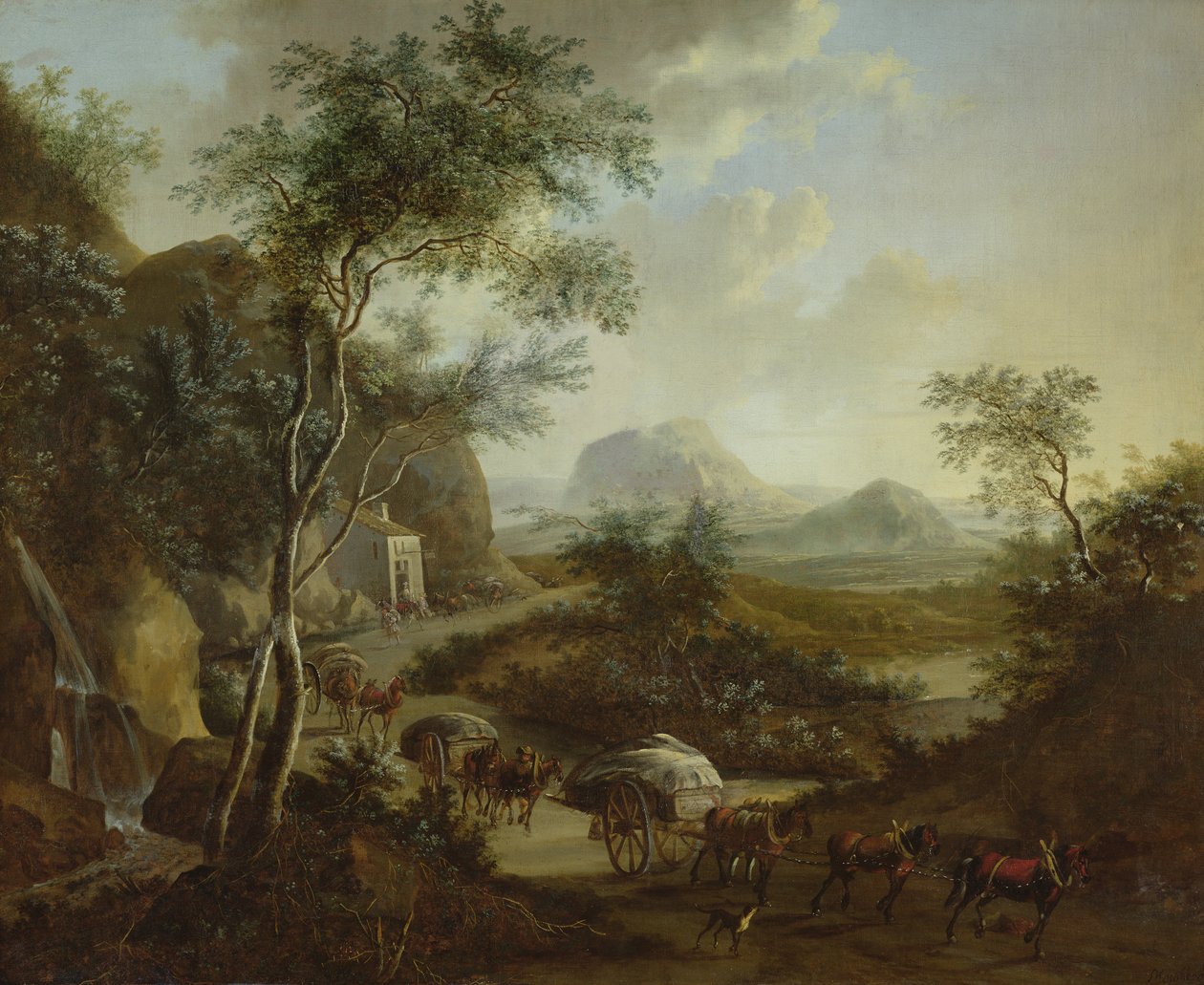 Landschaft mit einem Konvoi von Pferden und Wagen von Frederick de Moucheron