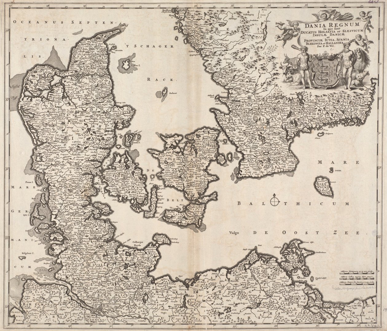 Dania regnum in quo sunt Ducatus Holsatia et Slesvicum Insulae Danicae et Provinciae Iutia, Scania, Blekingia et Hallandia von Frederick de Wit