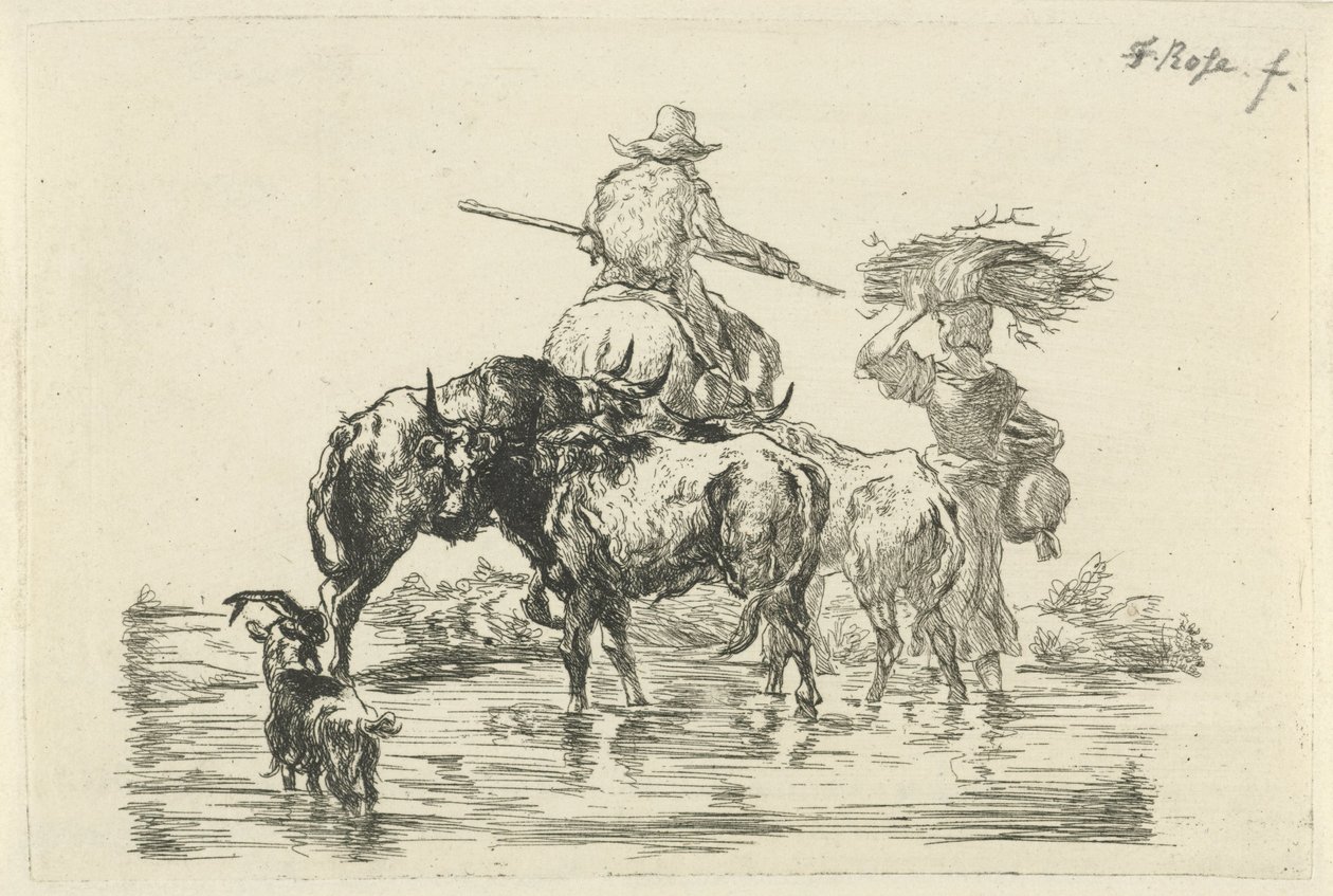 Hirte und Hirtin waten durch einen Bach von Frederik Cornelis Rose