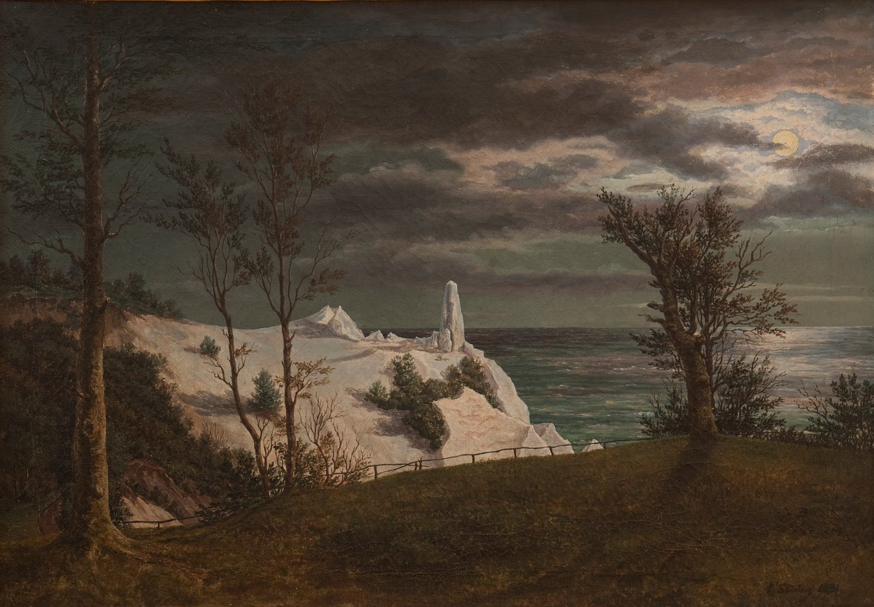 Der Sommer-Spire auf den Klippen der Insel Møn. Mondlicht, 1831 von Frederik Hansen Sodring