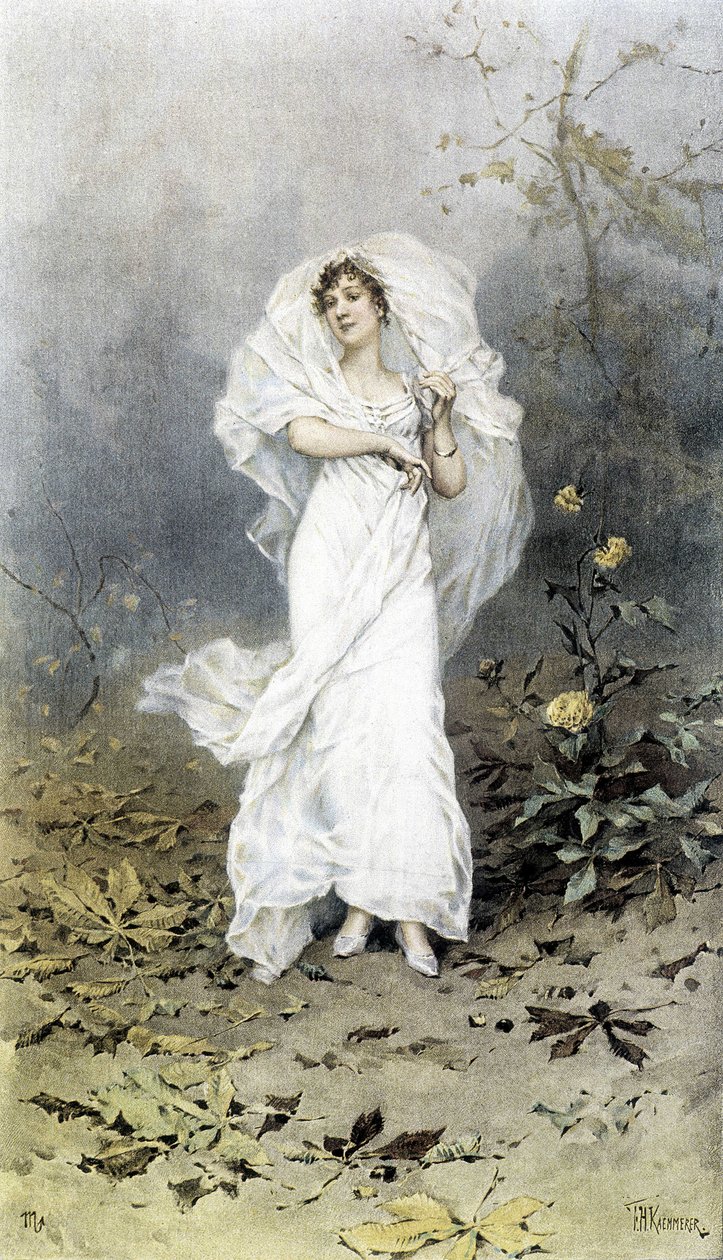 Frau im Wald - Allegorie des Herbstes, Kalender illustriert von Hubert Dys von Frederik Hendrik Kaemmerer