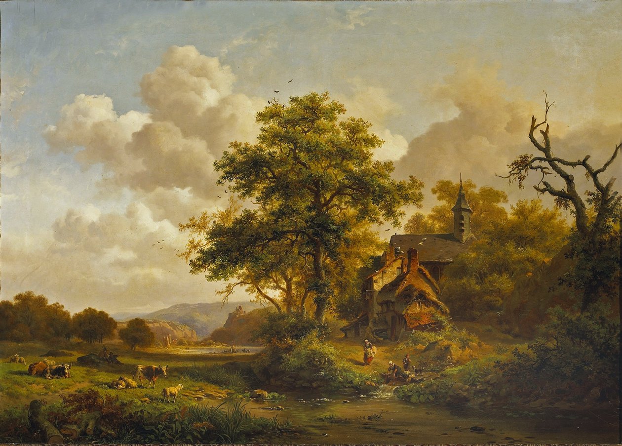 Eine ruhige Landschaft mit Frauen, die an einem Bach waschen, und Vieh und Schafen, die ruhen von Fredrik Marinus Kruseman