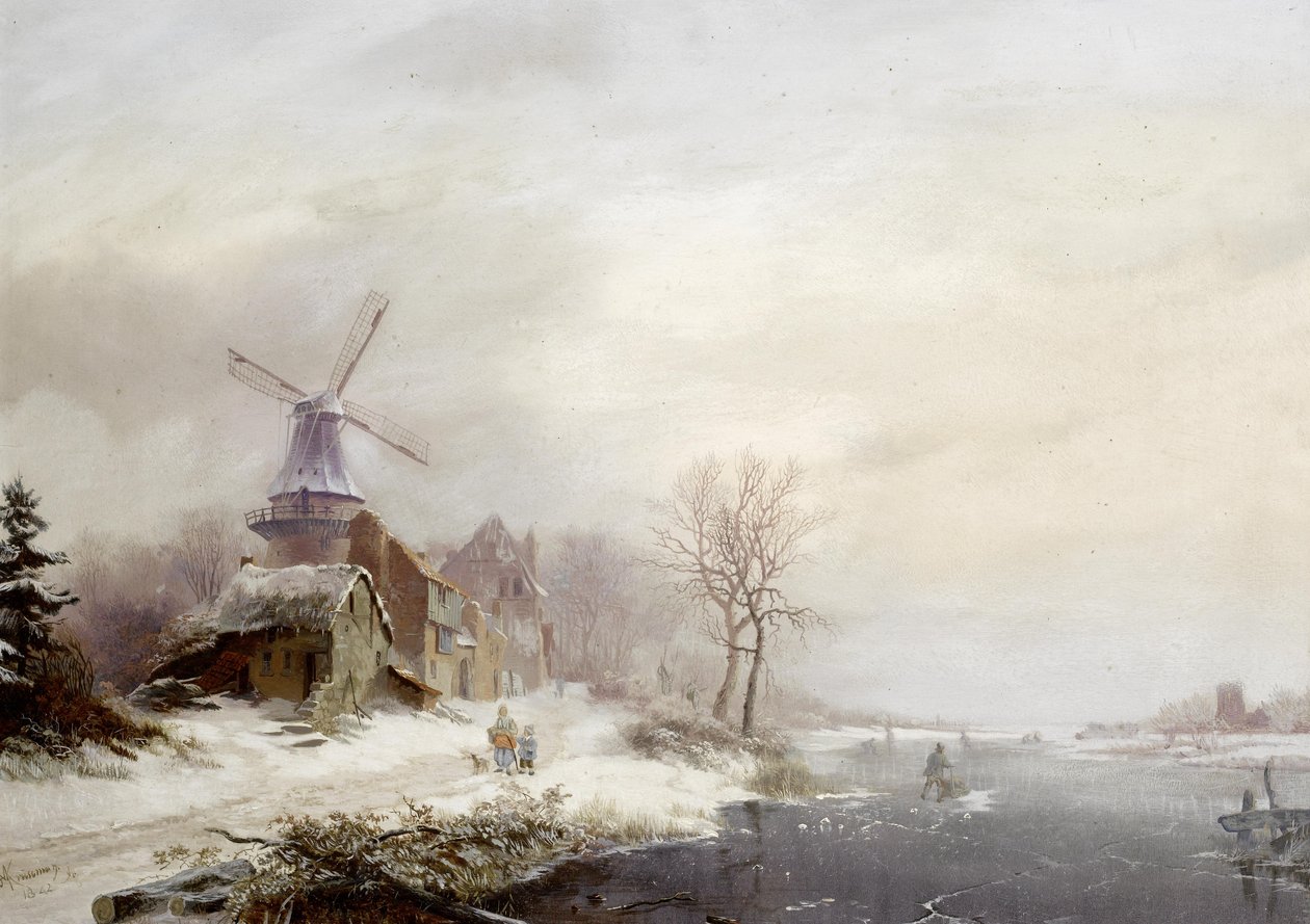 Winter landschap met gehucht, windmolen en figuren von Fredrik Marinus Kruseman