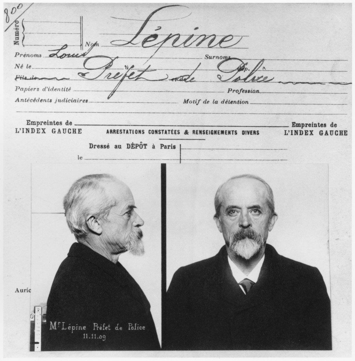 Anthropometrische Polizeiaufzeichnung von Louis Jean-Baptiste Lepine, Polizeipräfekt, 11. November 1909 von French Photographer