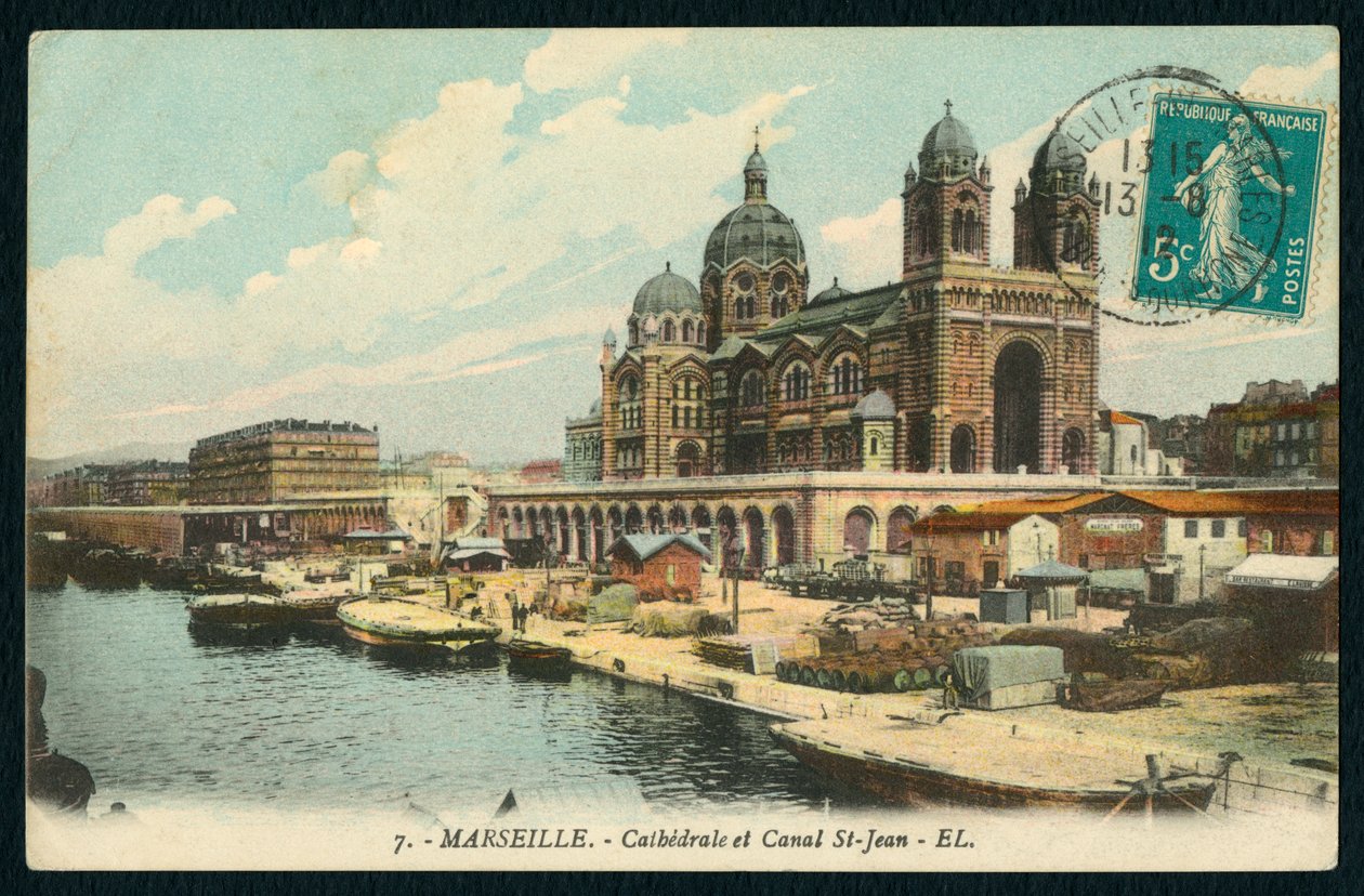 Postkarte, die die Kathedrale Sainte-Marie-Majeure und den Kanal Saint-Jean in Marseille, Frankreich, um 1900 darstellt (koloriertes Schwarzweißfoto) von French Photographer