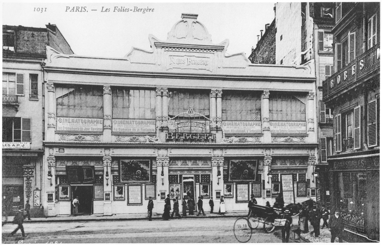 Postkarte mit Folies Bergere, rue Richer, Paris, ca. 1900 von French Photographer