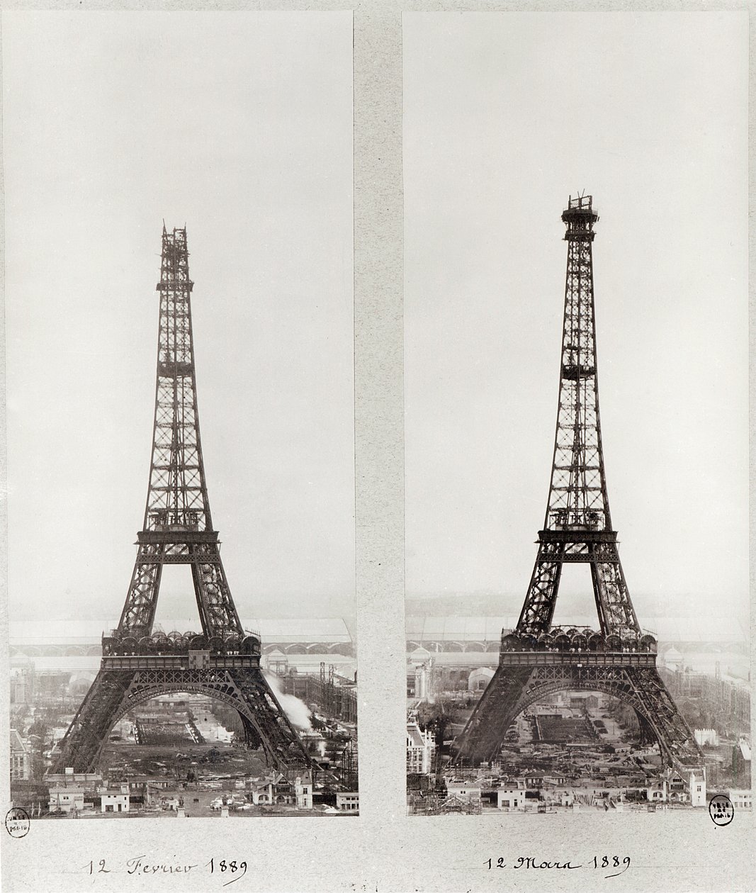 Zwei Ansichten des Baus des Eiffelturms, Paris, 12. Februar und 12. März 1889 von French Photographer