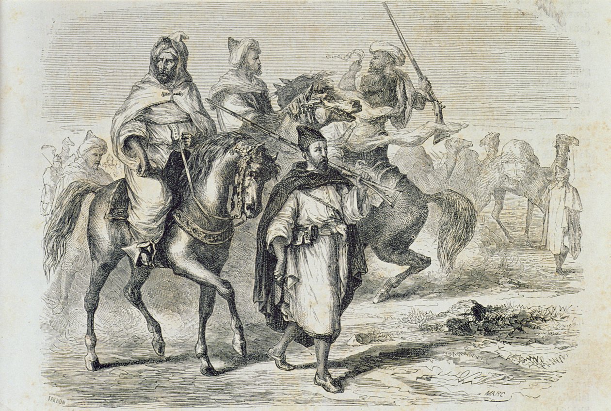 Eine marokkanische Karawane in den 1860er Jahren, graviert von Auguste Trichon von French School