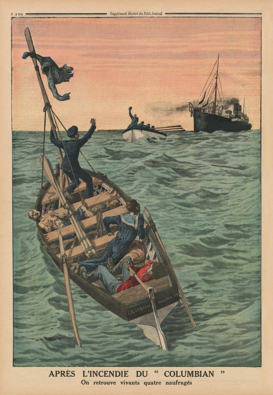 Nach dem Brand der Columbian, vier Schiffbrüchige werden lebend gefunden, Rückseitencover-Illustration aus 