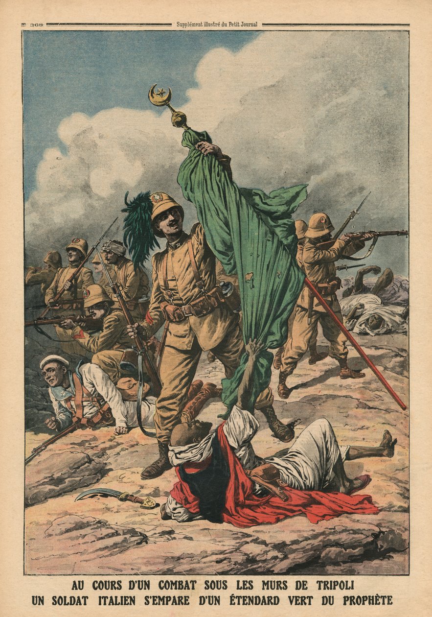 Ein italienischer Soldat ergreift das grüne Banner des Propheten Mohammed, Illustration aus 