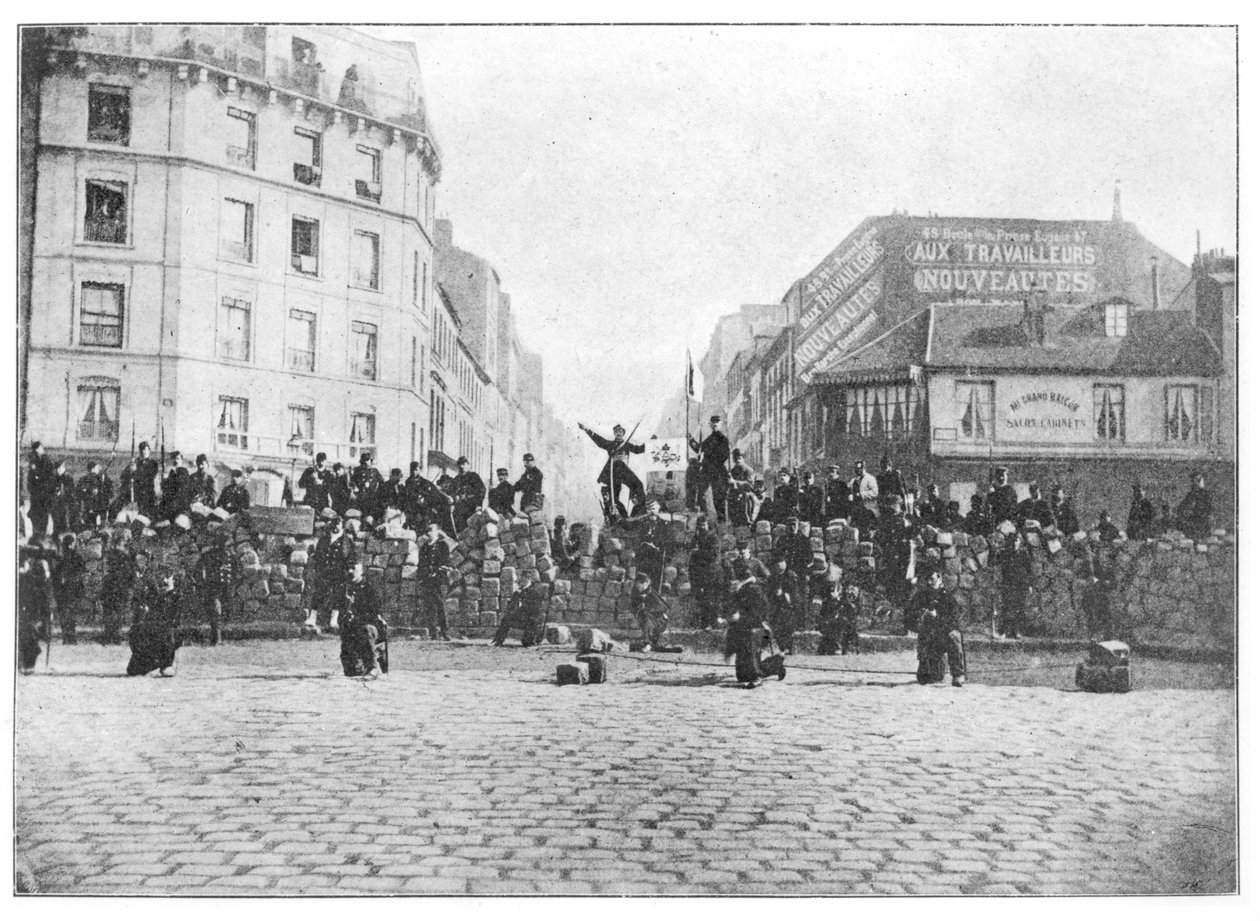 Barrikade am Faubourg Saint-Antoine während der Kommune, 18. März 1871 von French School