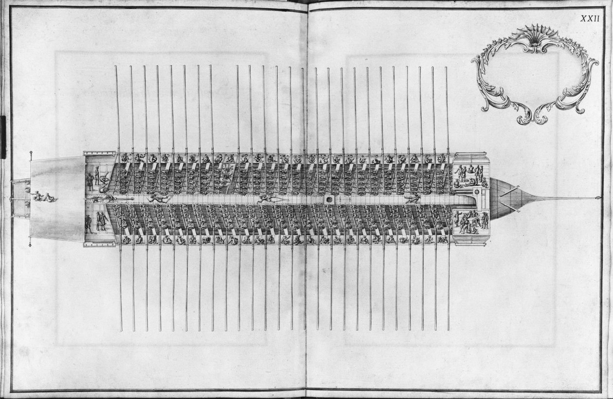 Bau, Ausrüstung und Stapellauf einer Galeere, Ansicht von oben einer Galeere, Tafel XXII von French School