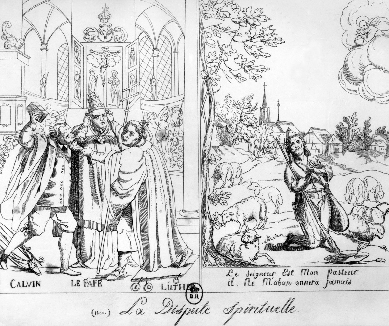 Karikatur, die einen spirituellen Streit zwischen Papst Leo X., Martin Luther und John Calvin darstellt, 1838 von French School