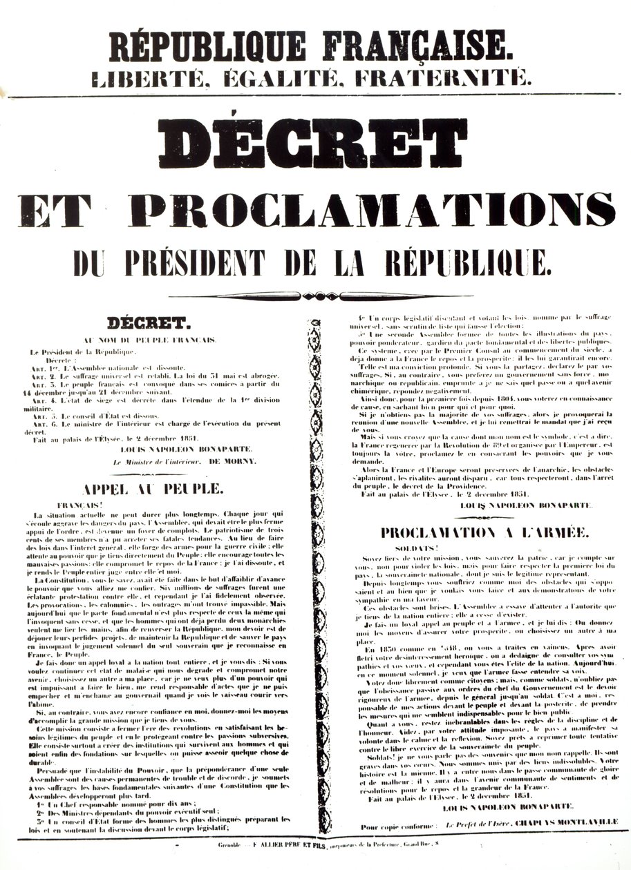 Dekret und Proklamation von Louis Napoleon Bonaparte III., Präsident der Republik, 2. Dezember 1851 von French School