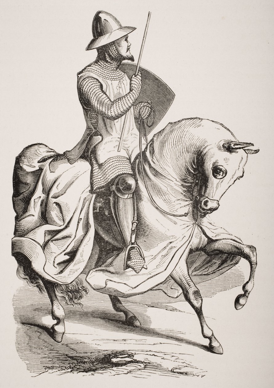 Ritter in Kampfkleidung, nach einer Miniatur in einem Psalter aus dem 12. Jahrhundert, aus 